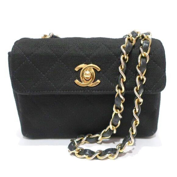 Chanel Mini Bag Matelasse Chain Shoulder Bag Cotton Gold Metal Black - Picture 1 of 5